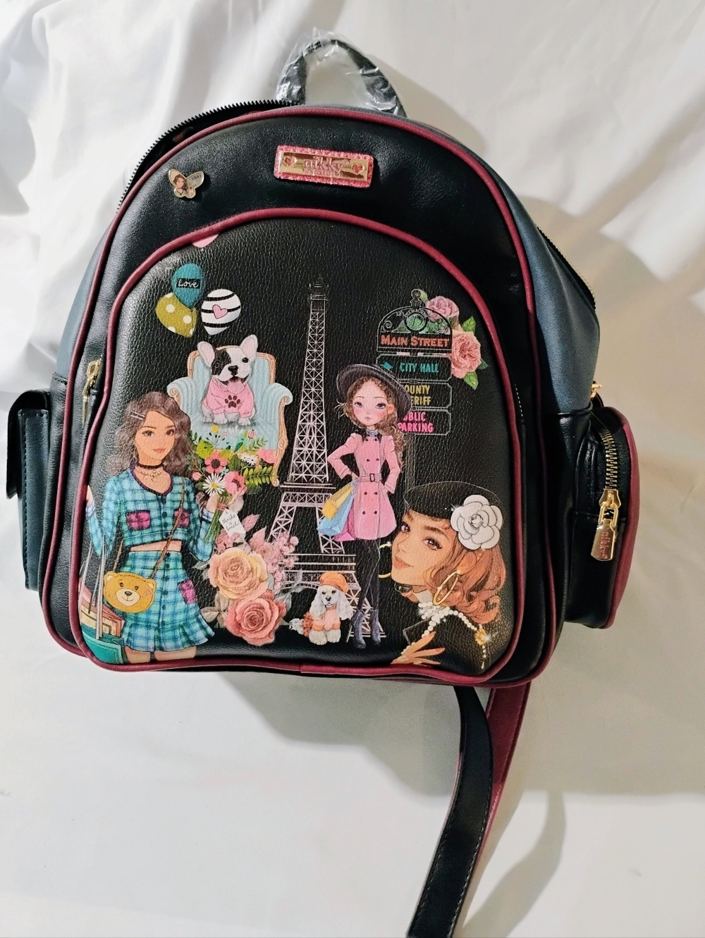 Nikki By Nicole Lee Black and Pink Paris Patch Backpack NWT